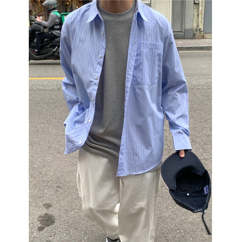 长袖衬衫男士春季韩版潮流宽松ins痞帅休闲条纹衬衣外套829P50,男装衬衫,星座710