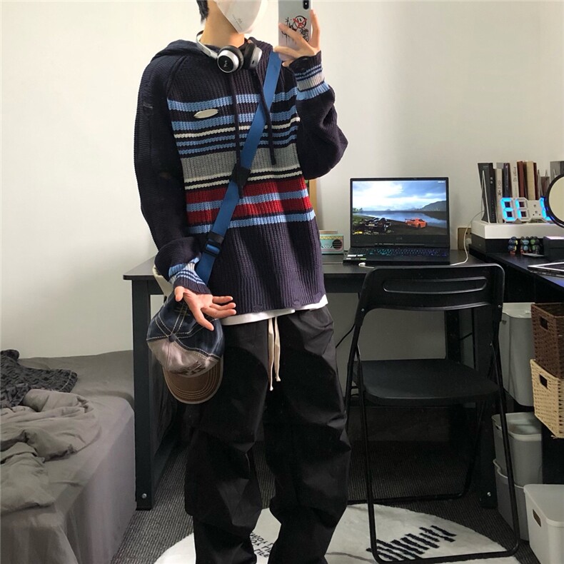 【有货】DU10-P58松弛感设计条纹撞色连帽针织衫秋冬男女百搭毛衣,男装针织衫/毛衣,星座603-2