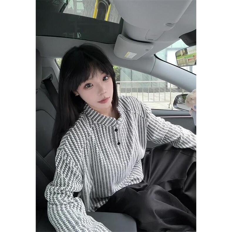 黑白撞色鱼骨纹亨利领卫衣男春秋季美式简约百搭肌理感内搭打底衫图片