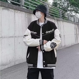美式复古毛呢拼皮夹克男2024新款日系潮流宽松棒球服外套 J676图片