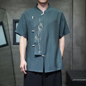 风（折枝金竹）棉麻混纺拼接绣花木头扣宽松立领短袖衬衫图片