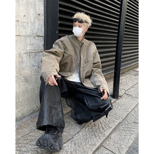 水洗灰色立领牛仔外套男秋季复古潮牌拉链短款外套美式夹克图片