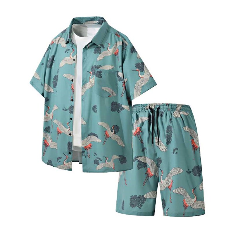 夏季复古风潮流短袖设计感仙鹤印花韩版休闲两件套TZ888-P45，男装休闲套装，电商A128