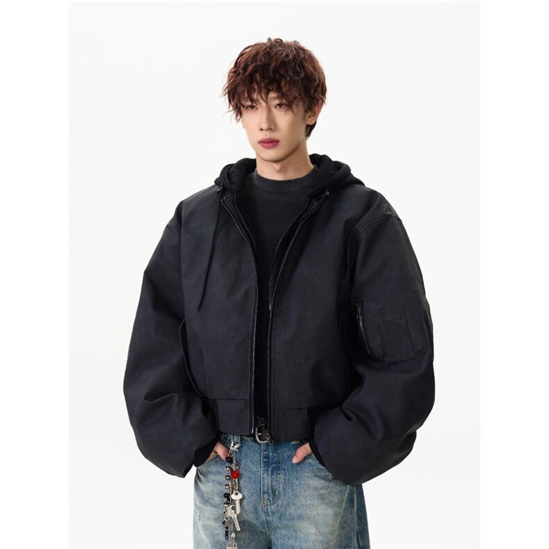 网络图现货美式潮牌假两件连帽飞行员春秋皮质夹克JB965-P90,男装夹克,星座715-7