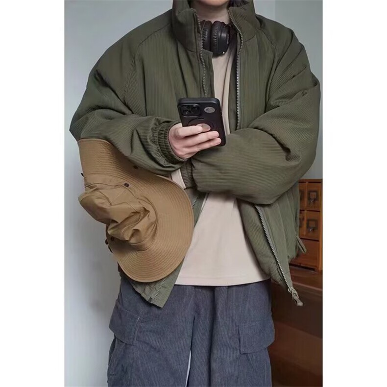 日系冬季美拉德立领宽松口袋面包服插肩袖保暖棉服外套，男装棉衣，四季星座505