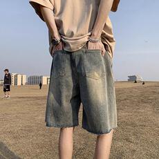 做旧水洗毛边牛仔短裤男夏季美式复古炸街痞帅高街宽松阔腿五分裤，男装牛仔裤，星座506A