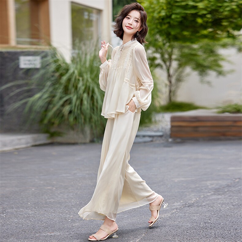超仙时尚雪纺套装女2025春夏新款半透减龄显瘦流行阔腿裙裤三件套,女装套装/套裙,水衣源
