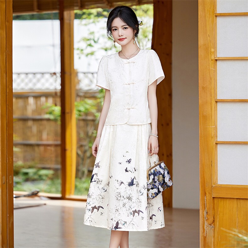 素色左岸新中式国风套装夏季复古马面半身裙女搭配汉服小衫两件套,女装套装/套裙,罗得堡