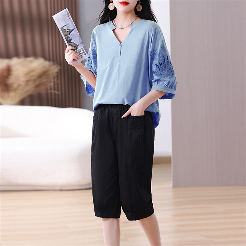 休闲运动套装女夏短袖运动服洋气七分裤时尚高级感妈妈装两件套,女装套装/套裙,涵誉
