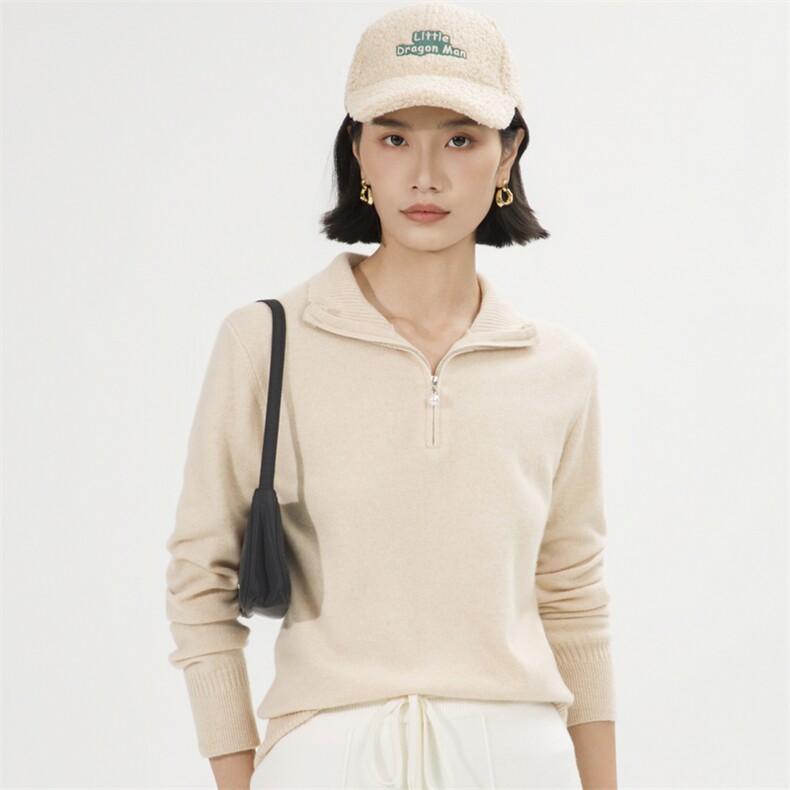 秋冬新款休闲拉链立领山羊绒衫女羊毛长袖套头宽松显瘦毛衣针织衫,女装羊绒衫,巾兮羊绒