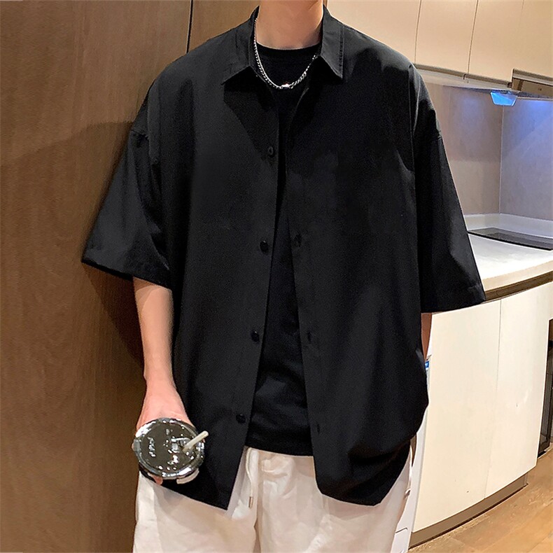 胖胖哥黑色短袖衬衫男款夏季港风外穿半袖衬衣大码宽松休闲外套,男装衬衫,电商A409-1