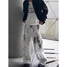 高街vibe扎染脏白色牛仔裤男女嘻哈宽松直筒阔腿拖地长裤N104，男装牛仔裤，星座1116A（原606A-3）
