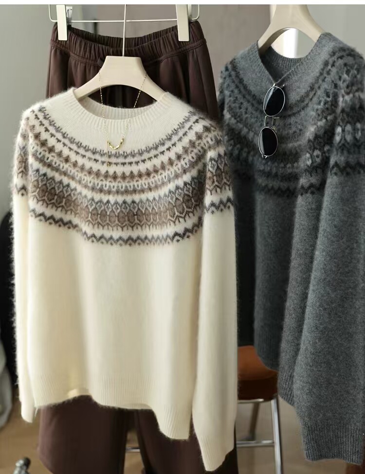2025年秋季时尚百搭通勤简约休闲费尔岛提花圆领，女装羊毛衫，美轩羊绒