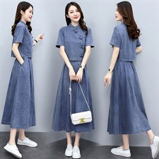 天丝牛仔连衣裙女夏季2024新款两件套洋气减龄套装裙宽松大码套装，女装套装/套裙，关键词