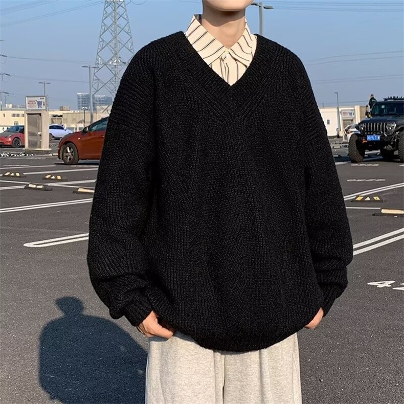 CX9884-P45日系V领套头针织衫男秋冬季复古高级感宽松休闲毛线衣,男装针织衫/毛衣,电商C233