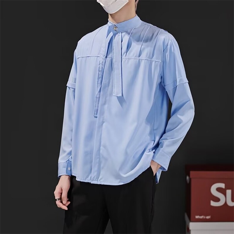 小众解构设计拼接飘带长袖衬衫男肩衬衣潮牌牌痞帅外套C327/P44，男装衬衫，星座506