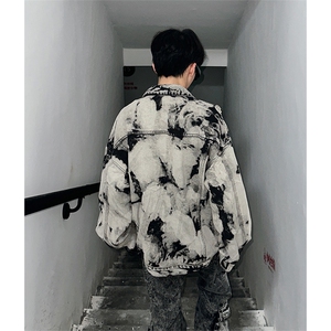美式牛仔外套春秋扎染破坏牛仔衣设计感高街夹克男女潮NT521P75图片