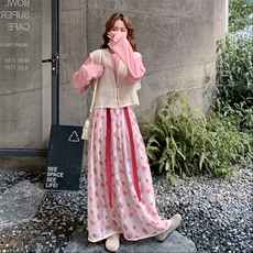 氛围感减龄镂空钩花马甲套装裙女秋2025新款衬衫印花半身裙三件套，女装套装/套裙，2C028