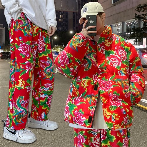 风东北情侣套装ins花棉衣外套牡丹花九分裤棉服套装网红H203图片