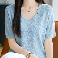 夏季新款V领莱赛尔天丝针织短袖女纯色百搭半袖上衣宽松T恤打底衫，女装针织衫/毛衣，唐诺