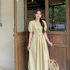 系绳腰带褶领泡泡袖显瘦遮肉连衣裙女夏2C276-L3455-P110-K155，女装连衣裙，2C276