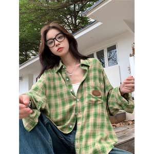 TC686-P45 绿色格子衬衫外套女小众设计感上衣宽松百搭小衫早秋图片