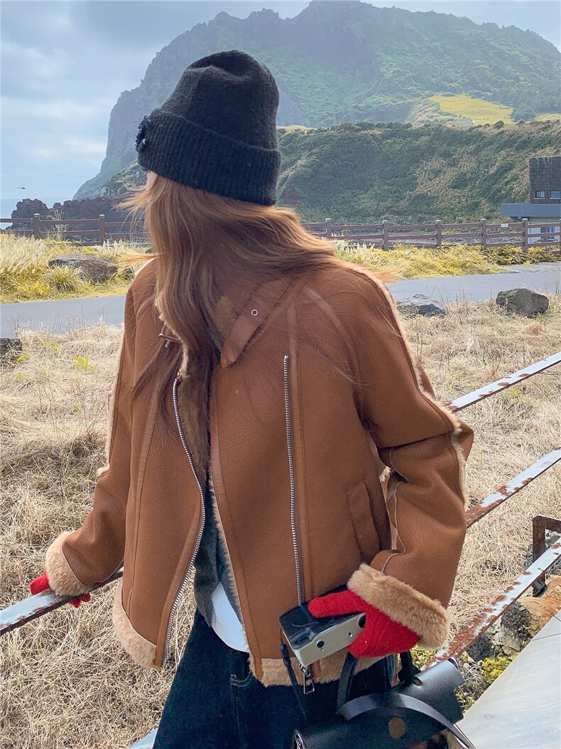 美拉德咖色羊羔毛外套女冬季2025新款时尚皮毛一体麂皮绒加厚棉服,女装羊羔毛/颗粒绒,诺蝶