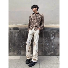 DB07-特P50新款美式火焰蕾丝宽松牛仔裤男女夏季拖地裤-网图现货，男装牛仔裤，星座603-2