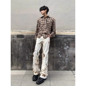 DB07-特P50新款美式火焰蕾丝宽松牛仔裤男女夏季拖地裤-网图现货图片