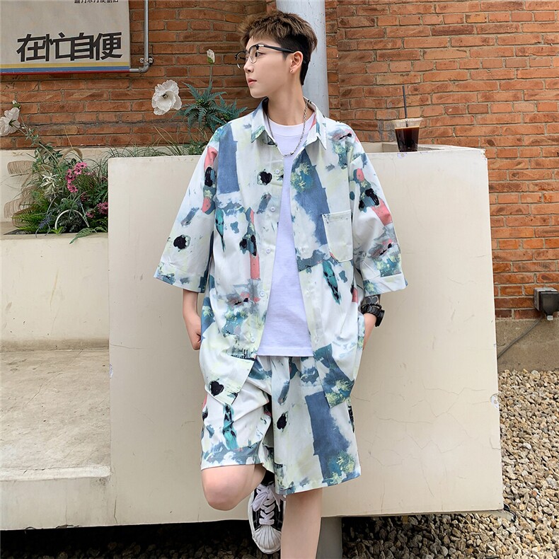 2025夏水墨画冰丝凉感短袖五分袖衬衫薄套装 TZ5678/特P50 浅蓝5图片