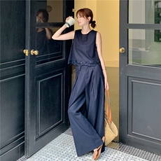 深蓝色淡人穿搭阔腿裤两件套女2025夏季蕾丝花边拼接无袖背心套装，女装套装/套裙，2C095