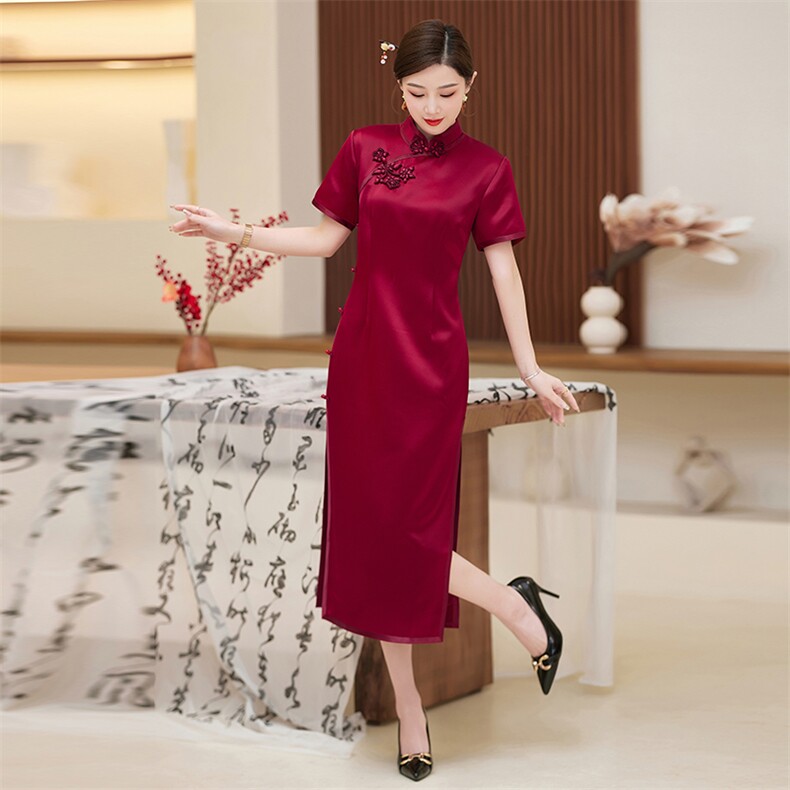 喜婆婆婚宴装2025新款醋酸大码妈妈礼服高贵改良红色旗袍连衣裙夏,女装汉服/婚纱/旗袍/礼服,小荷流