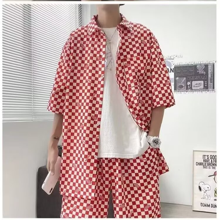 2025夏季美式短袖衬衫套装男士夏季薄款潮流休闲宽松千鸟格图片