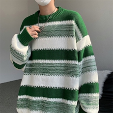 现货慵懒风针织衫外套撞色条纹毛衣男新款保暖毛线衣M1584-P40，男装针织衫/毛衣，星座512-4