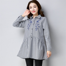 2024秋冬季绣花加绒保暖衬衫POLO领套头休闲气质排扣中长款，女装衬衫，板酷
