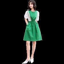 欧洲站2026夏季新款拼接撞色收腰荷叶边甜美泡泡袖衬衫直筒连衣裙，女装连衣裙，兰菲阁