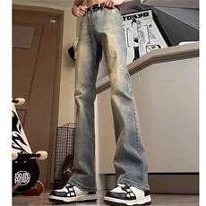 高个子cleanfit牛仔裤男春秋季美式高街潮牌痞帅直筒显瘦微喇裤子，男装牛仔裤，星座412-3
