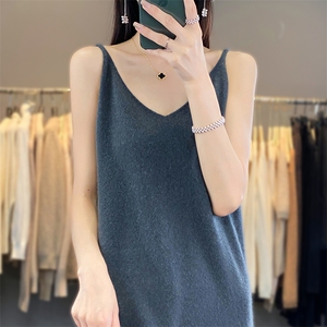 春秋卷边圆领100%羊毛吊带女纯色针织无袖背心宽松内搭打底羊绒衫图片