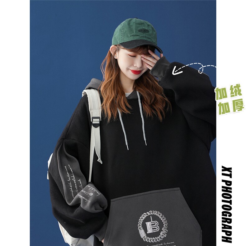 中性 秋季潮流字母印花撞色拼接宽松卫衣 B151JR P65控88加绒P75图片