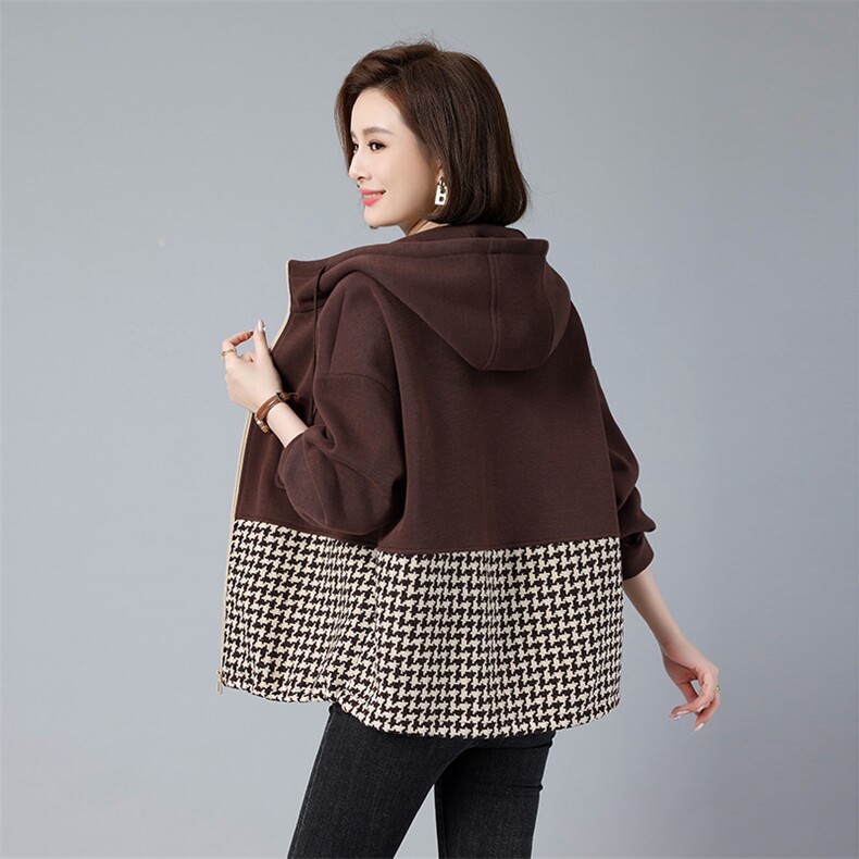 2022秋冬新款纯色拼接千鸟格加绒外套，女装短外套，深水步