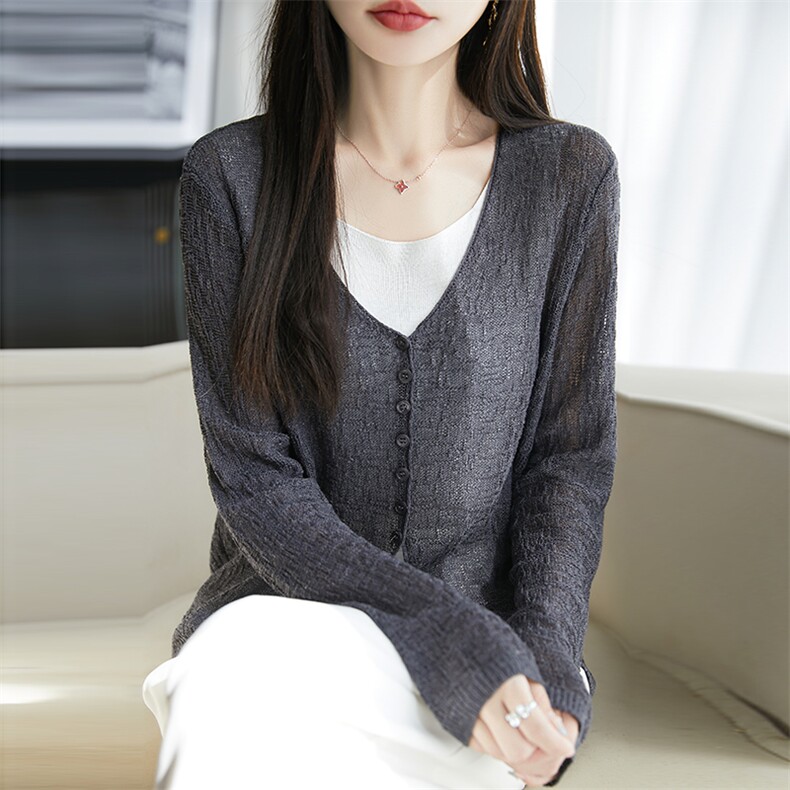 夏季薄款V领镂空针织开衫防晒衣女宽松休闲天丝亚麻薄毛衣外搭潮,女装T恤,朝思羊绒
