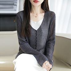 夏季薄款V领镂空针织开衫防晒衣女宽松休闲天丝亚麻薄毛衣外搭潮，女装T恤，朝思羊绒