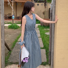 【新品现货】夏日微风蓝色条纹背心茶歇连衣裙8816-P135-K188，女装连衣裙，2C317A