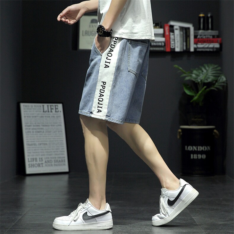 2021夏季新日系大码男新灰墙撞色拼接字母印花牛仔短裤ND5198-P45，男装牛仔裤，电商A001