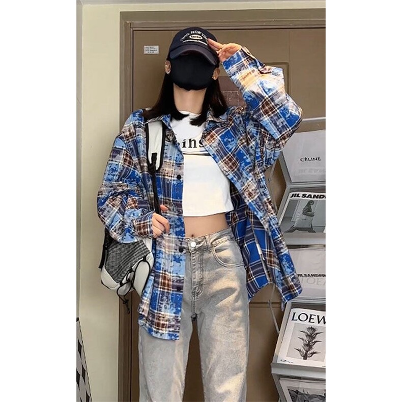 潮流复古扎染撞色格子大码长袖衬衫内搭外套C2203-P42【特价】,男装衬衫,电商A007