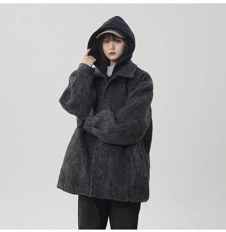 冬季加棉加厚阿尔巴卡呢子带帽宽松中性港风男女外套M897-P138,女装短外套,电商A170