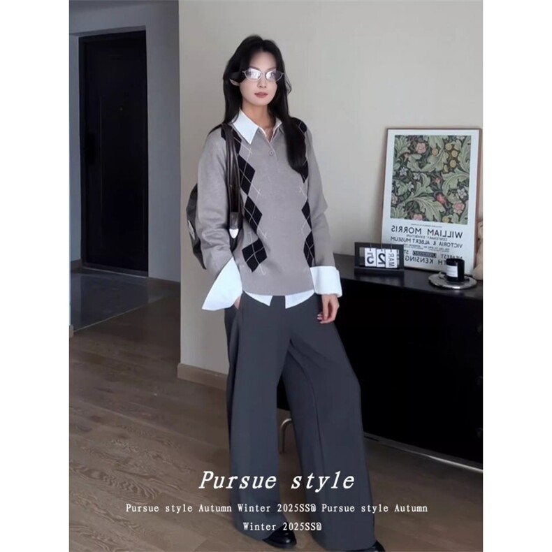 灰色针织长袖polo衫女秋季菱形格毛衣高知miu系上衣,男装针织衫/毛衣,星座506A