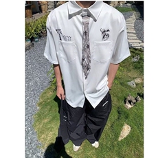 2025新款趣味手绘领带印花短袖衬衫男款夏宽松休闲衬衣CY1171-P33，男装T恤，星座412-3