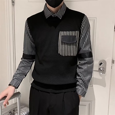 假两件毛衣男士条纹衬衫领打底口袋设计针织衫秋冬季男线衣Q141，男装针织衫/毛衣，星座1116A-2（原606A-1）