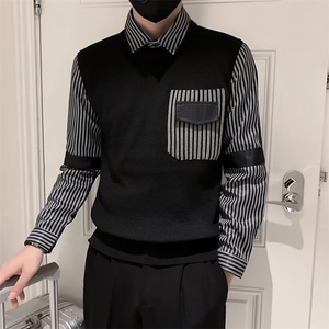 假两件毛衣男士条纹衬衫领打底口袋设计针织衫秋冬季男线衣 Q141图片